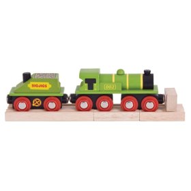 Bigjigs Rail Grüne Lokomotive mit Tender + 3 Schienen